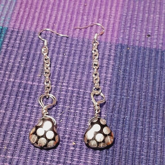 Handmade Silver Tone Earrings black silver art glass 3" - Picture 2 of 2